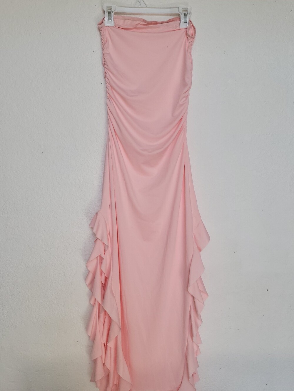 Strapless Pink Ruffle Column Dress - Picture 2 of 10